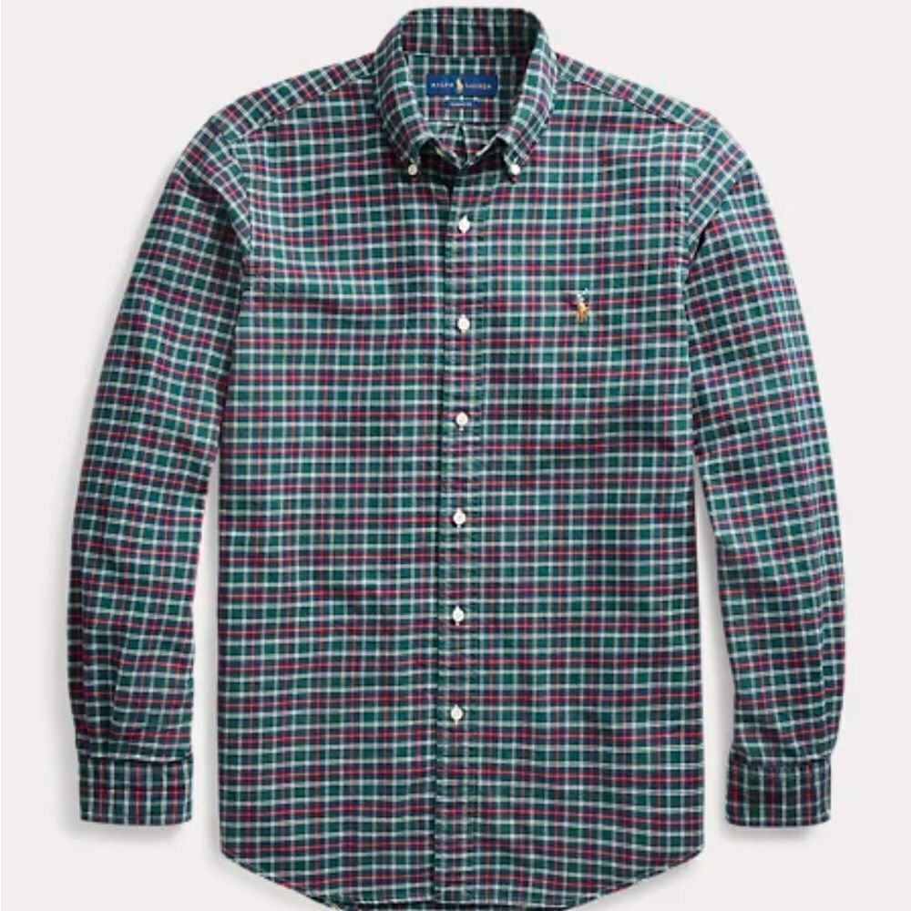 Ralph Lauren Classic Fit Plaid Cotton Red Green Multicolor Oxford Shirt Medium